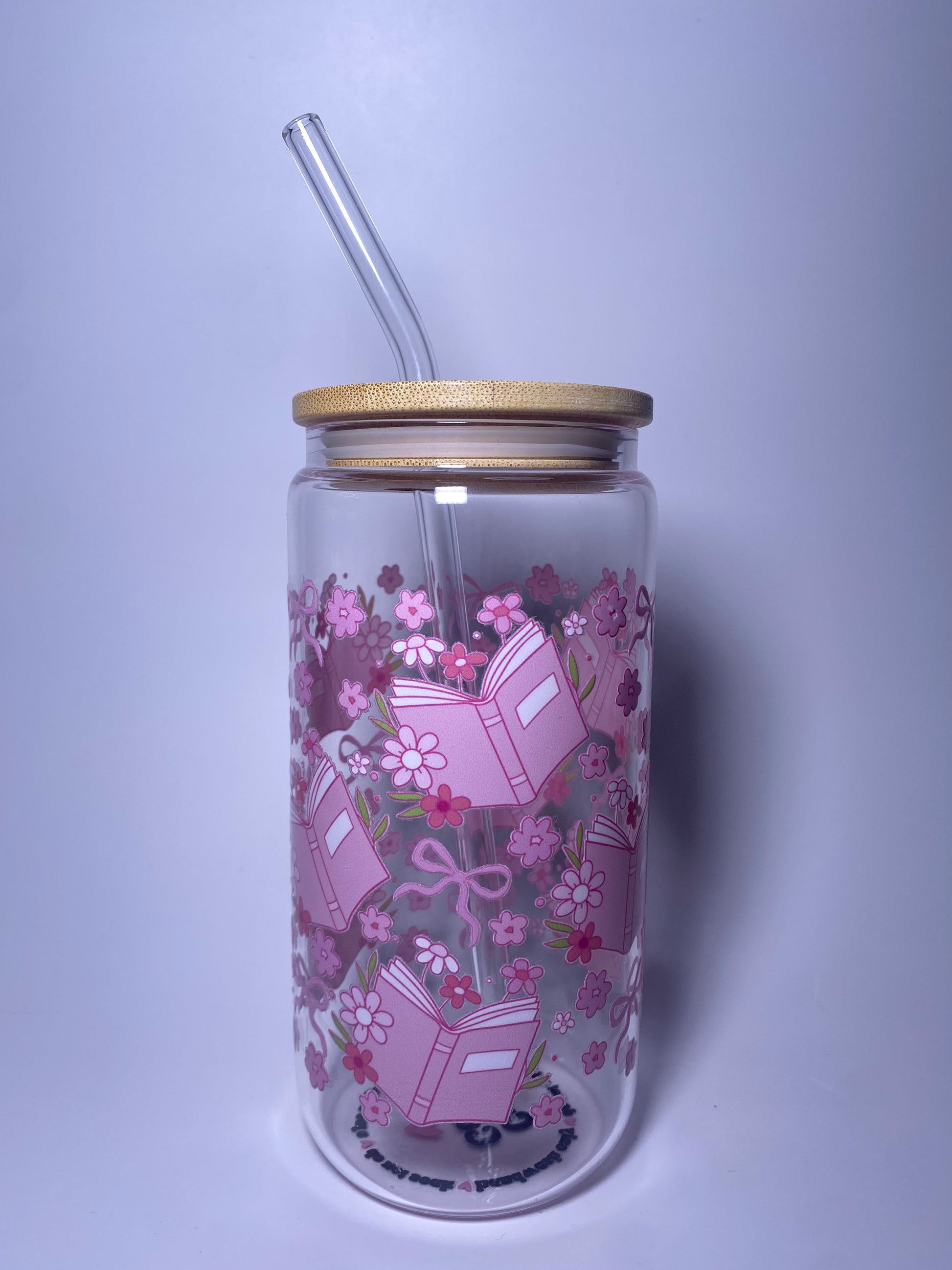 Pink Floral Books Glass Cup